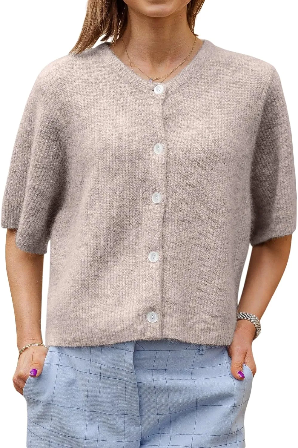 Women Knitted Cropped Cardigan Sweater Short Sleeve Button Down Y2k Top