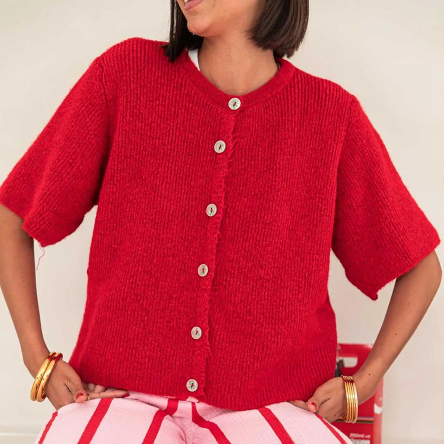 Women Knitted Cropped Cardigan Sweater Short Sleeve Button Down Y2k Top