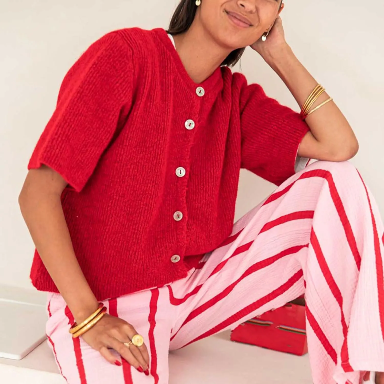 Women Knitted Cropped Cardigan Sweater Short Sleeve Button Down Y2k Top
