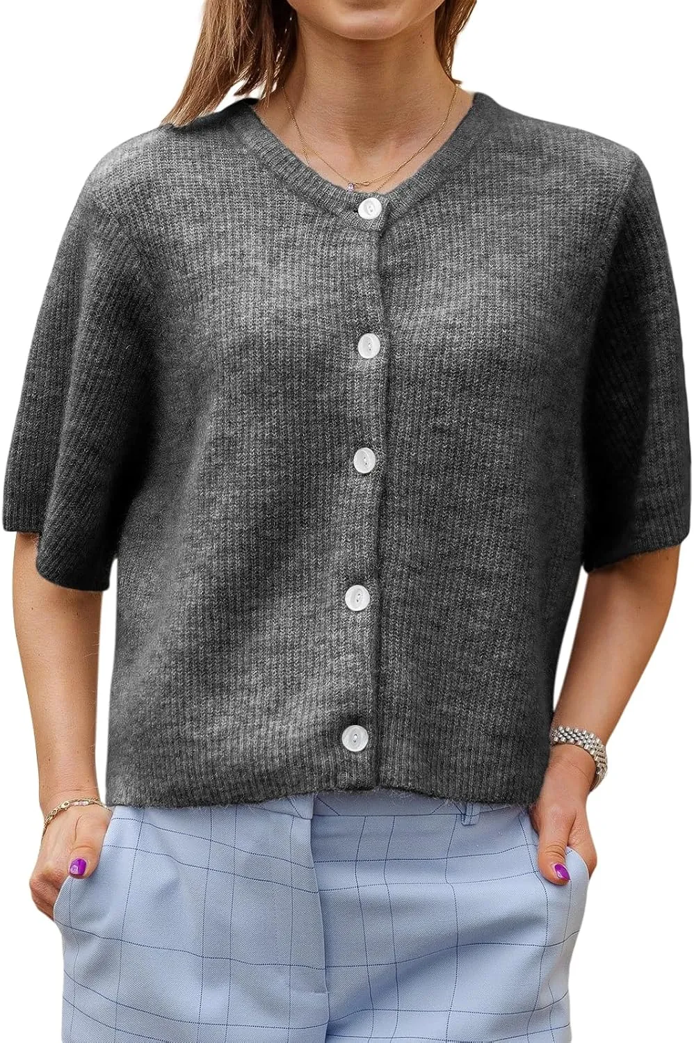 Women Knitted Cropped Cardigan Sweater Short Sleeve Button Down Y2k Top