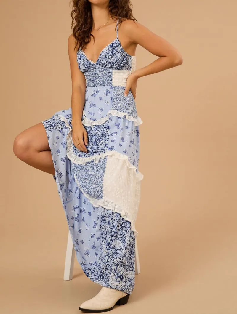 Women Long Floral Patchwork Dress,Lace Boho Strap Tie Shoulder Beach Summer Dresses Sleeveless Tiered Ruffle Midi Sun Dress