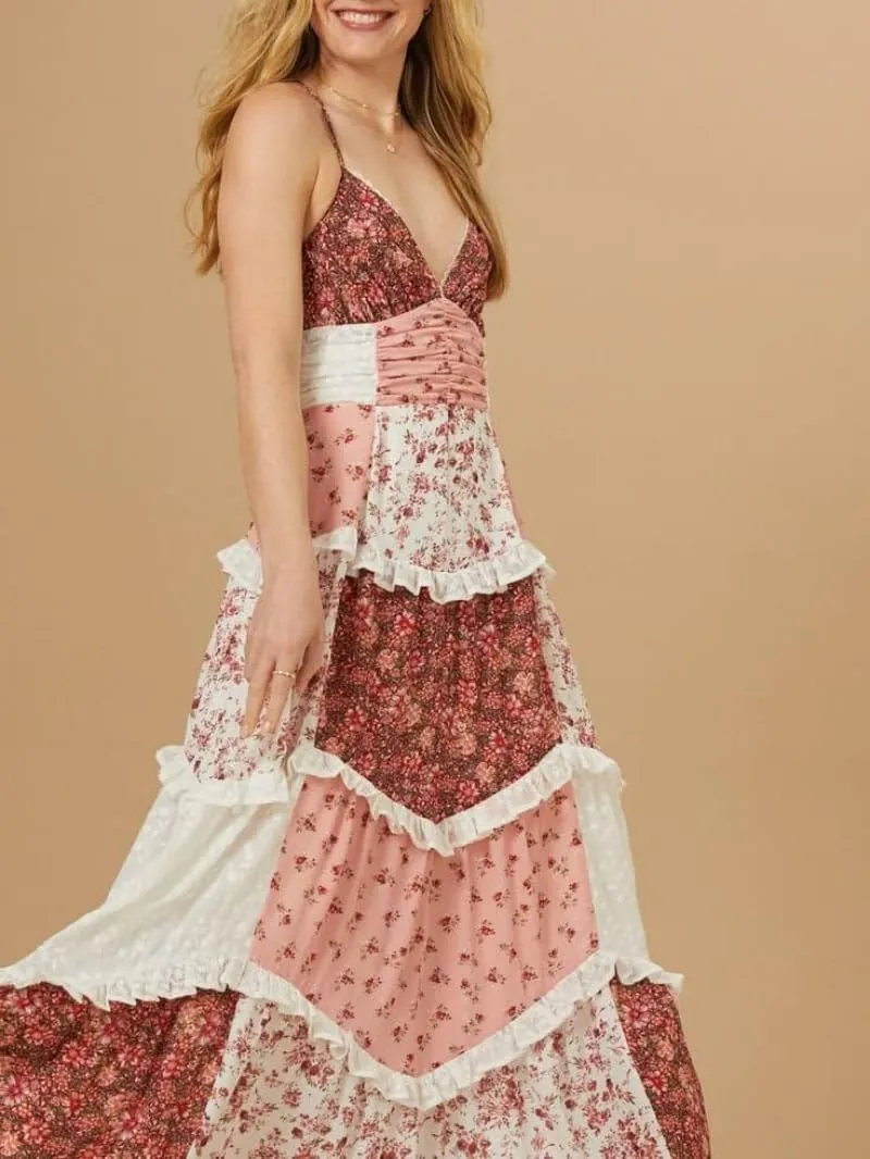 Women Long Floral Patchwork Dress,Lace Boho Strap Tie Shoulder Beach Summer Dresses Sleeveless Tiered Ruffle Midi Sun Dress