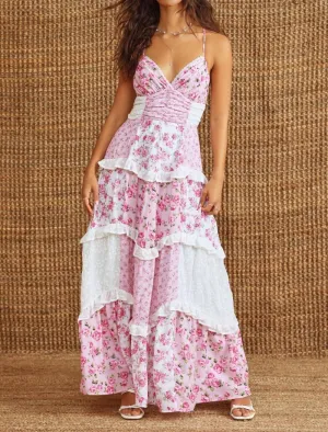Women Long Floral Patchwork Dress,Lace Boho Strap Tie Shoulder Beach Summer Dresses Sleeveless Tiered Ruffle Midi Sun Dress