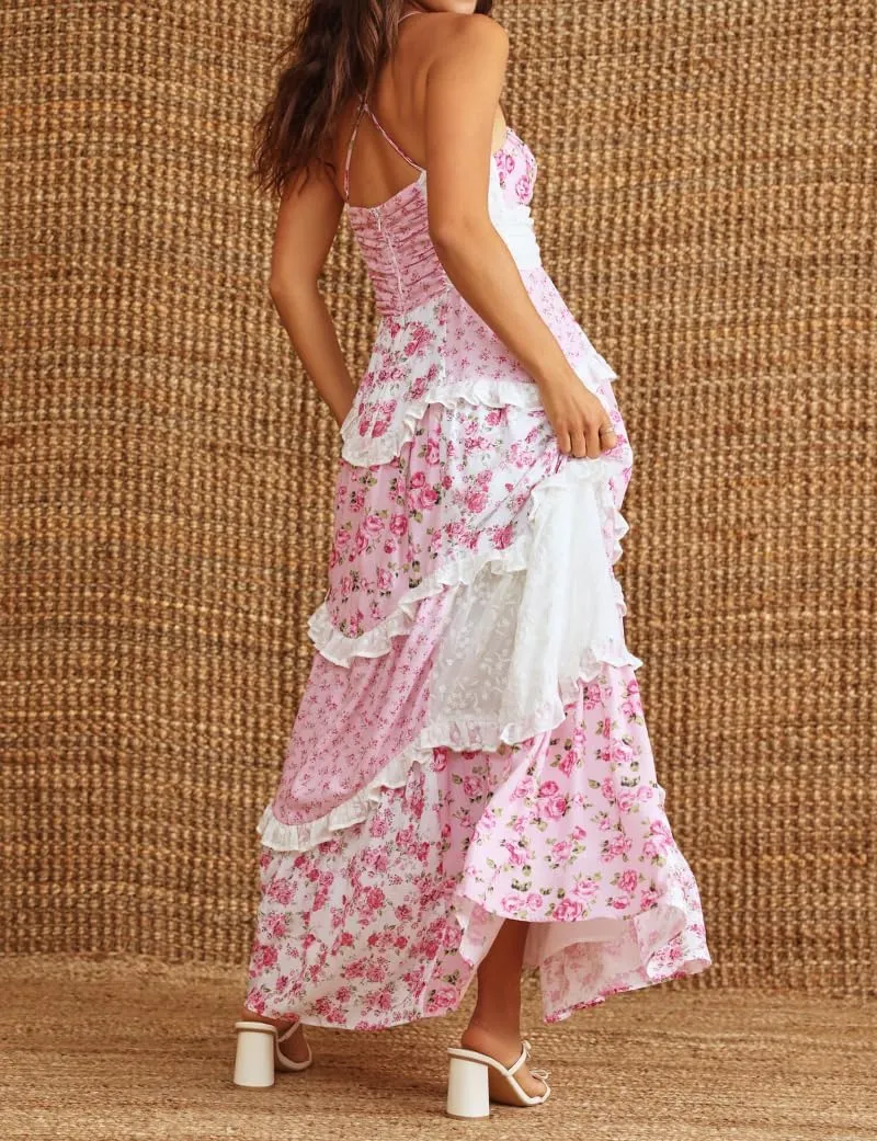 Women Long Floral Patchwork Dress,Lace Boho Strap Tie Shoulder Beach Summer Dresses Sleeveless Tiered Ruffle Midi Sun Dress