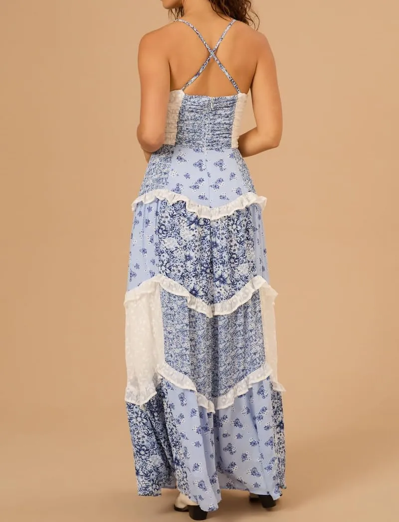 Women Long Floral Patchwork Dress,Lace Boho Strap Tie Shoulder Beach Summer Dresses Sleeveless Tiered Ruffle Midi Sun Dress