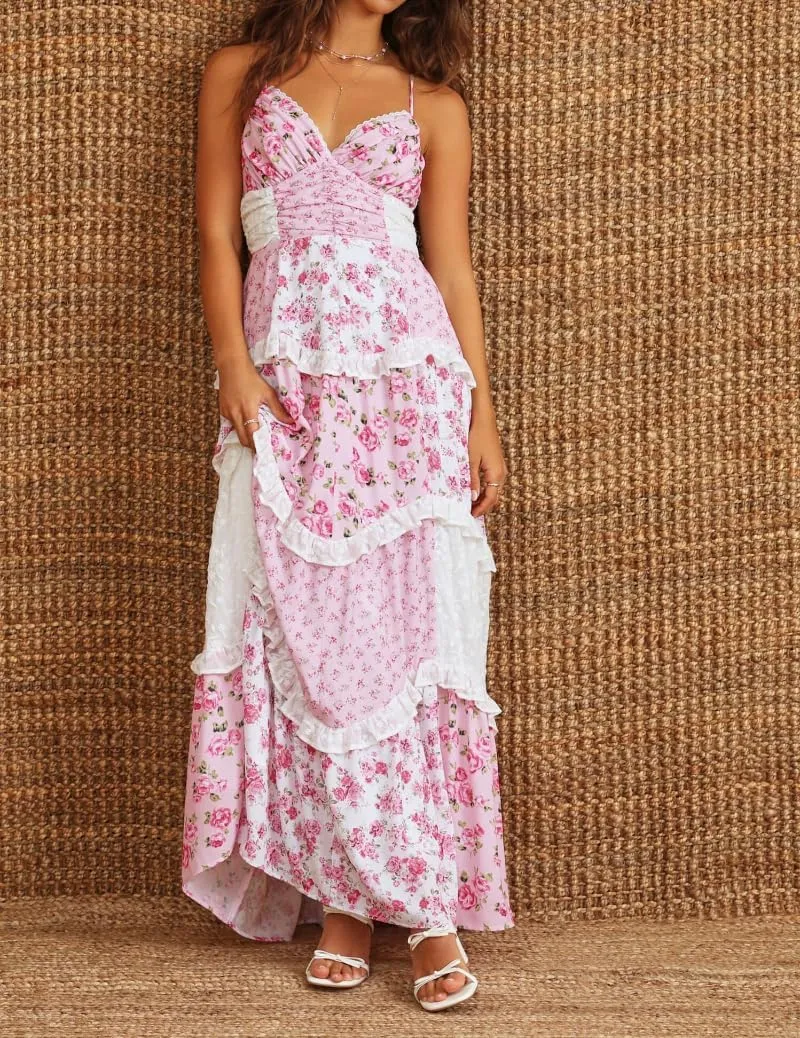 Women Long Floral Patchwork Dress,Lace Boho Strap Tie Shoulder Beach Summer Dresses Sleeveless Tiered Ruffle Midi Sun Dress