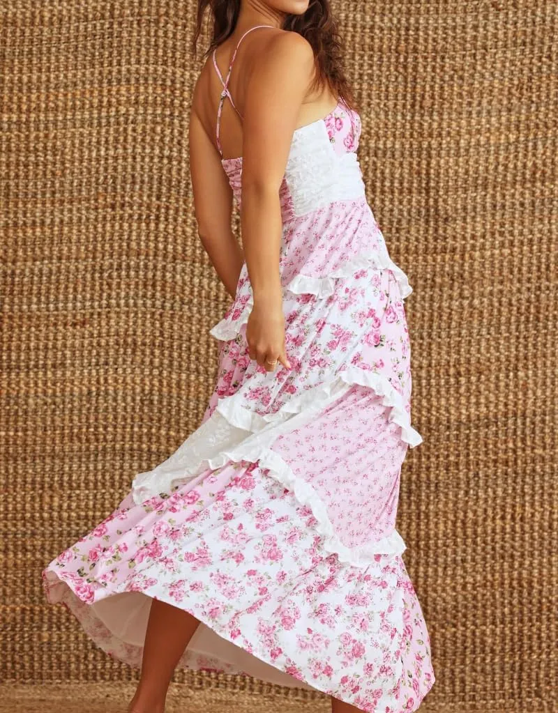 Women Long Floral Patchwork Dress,Lace Boho Strap Tie Shoulder Beach Summer Dresses Sleeveless Tiered Ruffle Midi Sun Dress