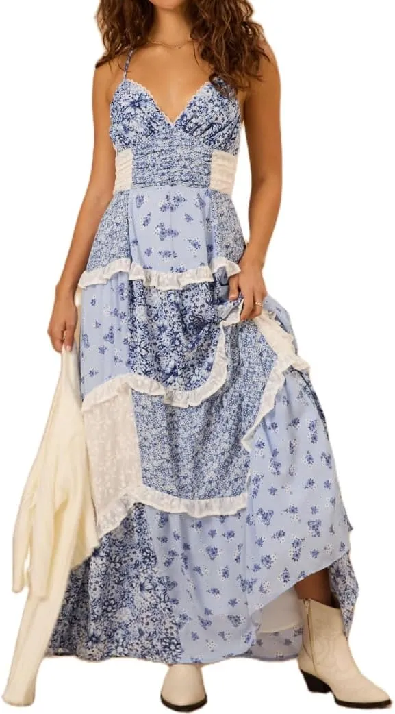 Women Long Floral Patchwork Dress,Lace Boho Strap Tie Shoulder Beach Summer Dresses Sleeveless Tiered Ruffle Midi Sun Dress