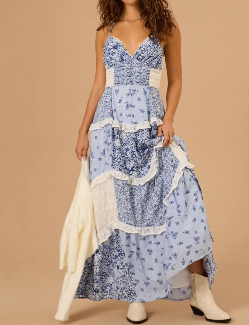 Women Long Floral Patchwork Dress,Lace Boho Strap Tie Shoulder Beach Summer Dresses Sleeveless Tiered Ruffle Midi Sun Dress