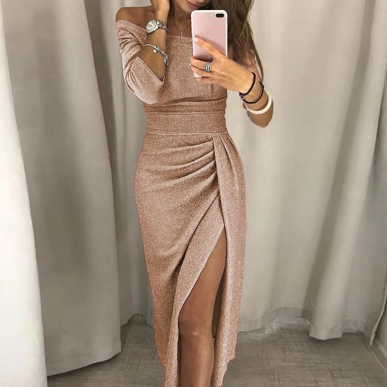 Women One Shoulder Cocktail Dresses Sexy Sleeveless Bodycon Wrap Ruffle Split Formal Long Dress Maxi Party Dress