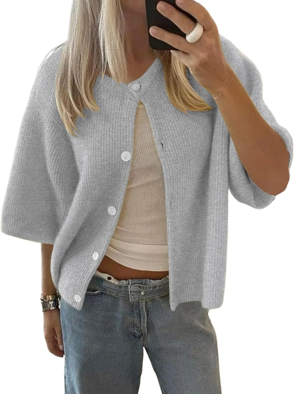 Women Short Sleeve Button Down Cropped Cardigan Sweater T-Shirts Y2k Girls Knit Pullover Crop Tops Fall Clothes