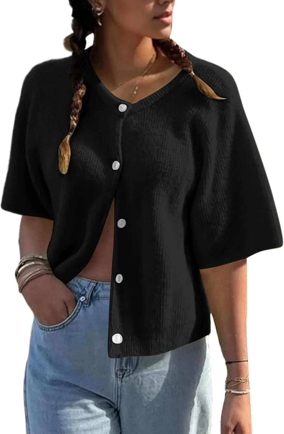 Women Short Sleeve Button Down Cropped Cardigan Sweater T-Shirts Y2k Girls Knit Pullover Crop Tops Fall Clothes