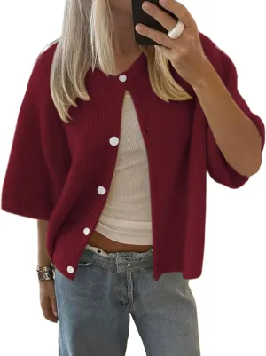 Women Short Sleeve Button Down Cropped Cardigan Sweater T-Shirts Y2k Girls Knit Pullover Crop Tops Fall Clothes
