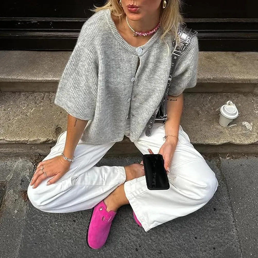 Women Short Sleeve Button Down Cropped Cardigan Sweater T-Shirts Y2k Girls Knit Pullover Crop Tops Fall Clothes