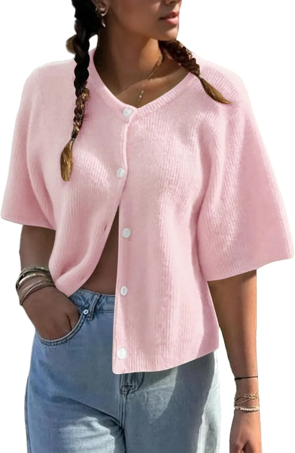 Women Short Sleeve Button Down Cropped Cardigan Sweater T-Shirts Y2k Girls Knit Pullover Crop Tops Fall Clothes