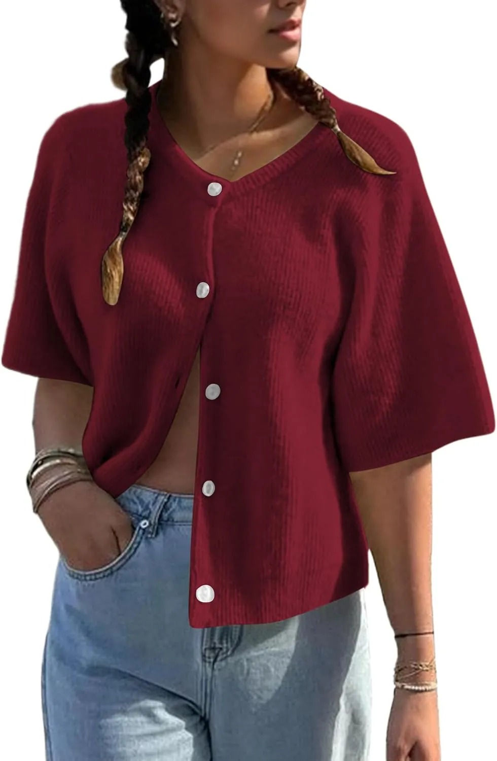 Women Short Sleeve Button Down Cropped Cardigan Sweater T-Shirts Y2k Girls Knit Pullover Crop Tops Fall Clothes
