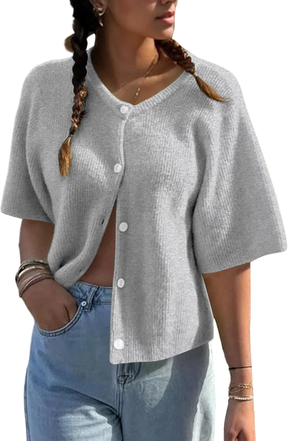 Women Short Sleeve Button Down Cropped Cardigan Sweater T-Shirts Y2k Girls Knit Pullover Crop Tops Fall Clothes