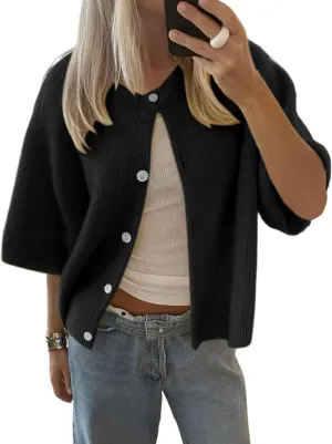 Women Short Sleeve Button Down Cropped Cardigan Sweater T-Shirts Y2k Girls Knit Pullover Crop Tops Fall Clothes