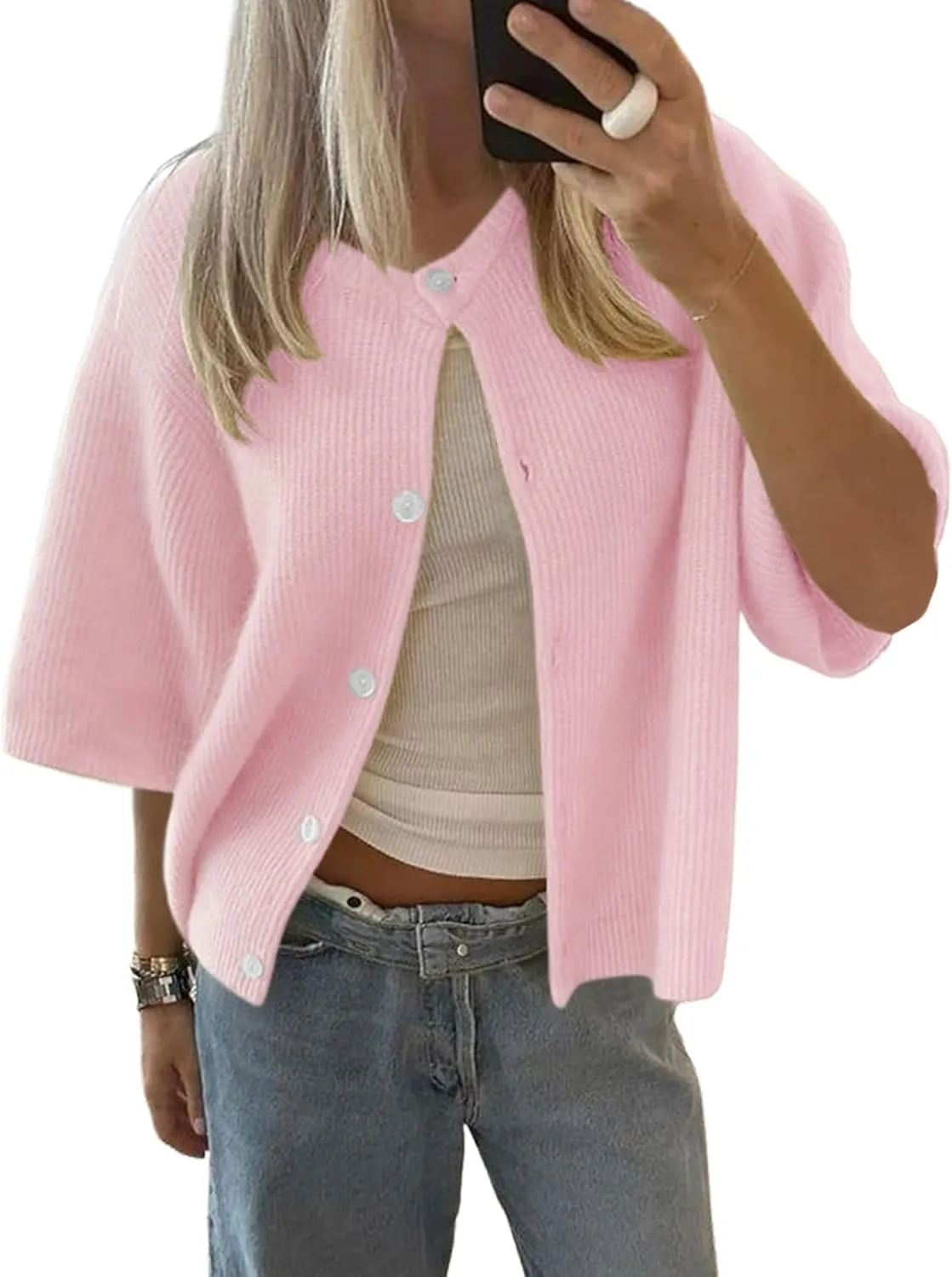 Women Short Sleeve Button Down Cropped Cardigan Sweater T-Shirts Y2k Girls Knit Pullover Crop Tops Fall Clothes
