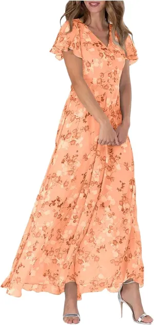 Women Summer Bohemian Floral Chiffon Wrap V Neck Ruffle Cap Sleeveless A-Line Pleated Hem Midi Beach Swing Sun Dress