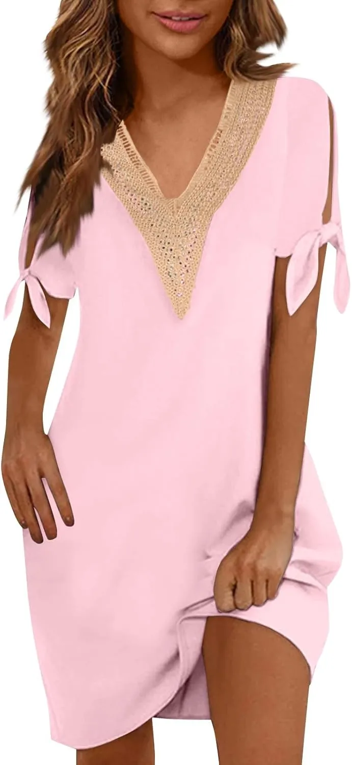 Women Summer Dresses Short Sleeve Flowy Dresses Casual Loose Swing Midi Dress Lace V Neck Comfy Beach Sundress