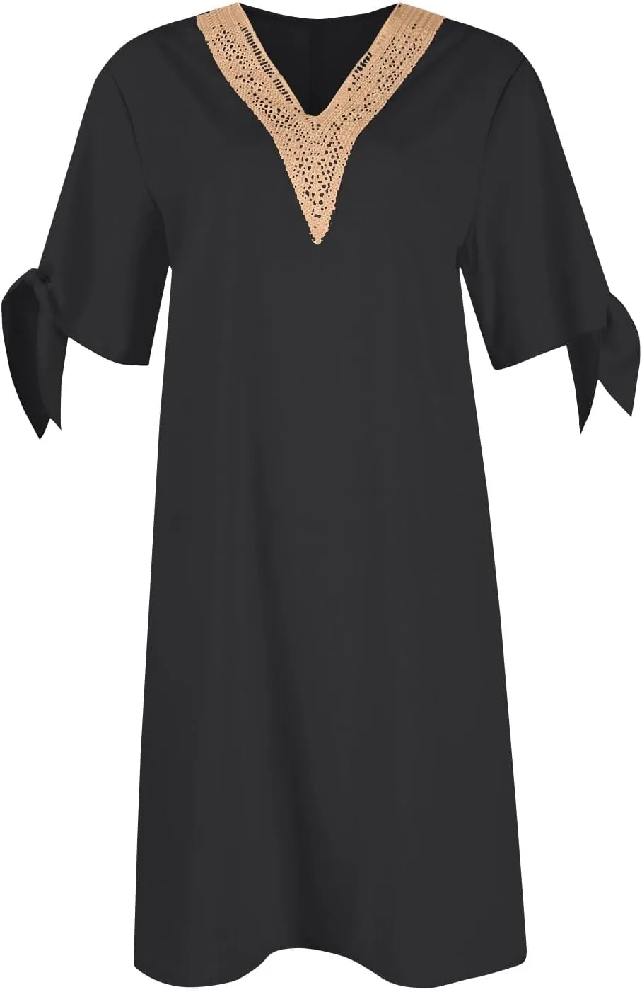 Women Summer Dresses Short Sleeve Flowy Dresses Casual Loose Swing Midi Dress Lace V Neck Comfy Beach Sundress