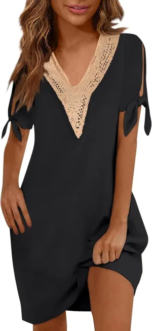 Women Summer Dresses Short Sleeve Flowy Dresses Casual Loose Swing Midi Dress Lace V Neck Comfy Beach Sundress