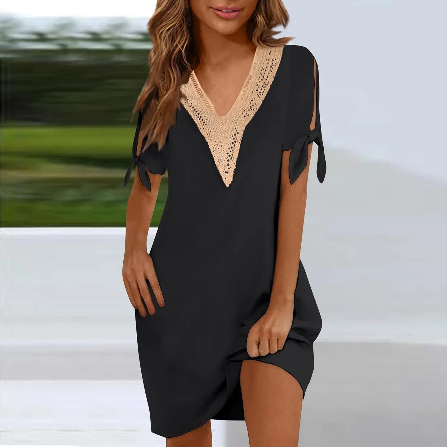 Women Summer Dresses Short Sleeve Flowy Dresses Casual Loose Swing Midi Dress Lace V Neck Comfy Beach Sundress