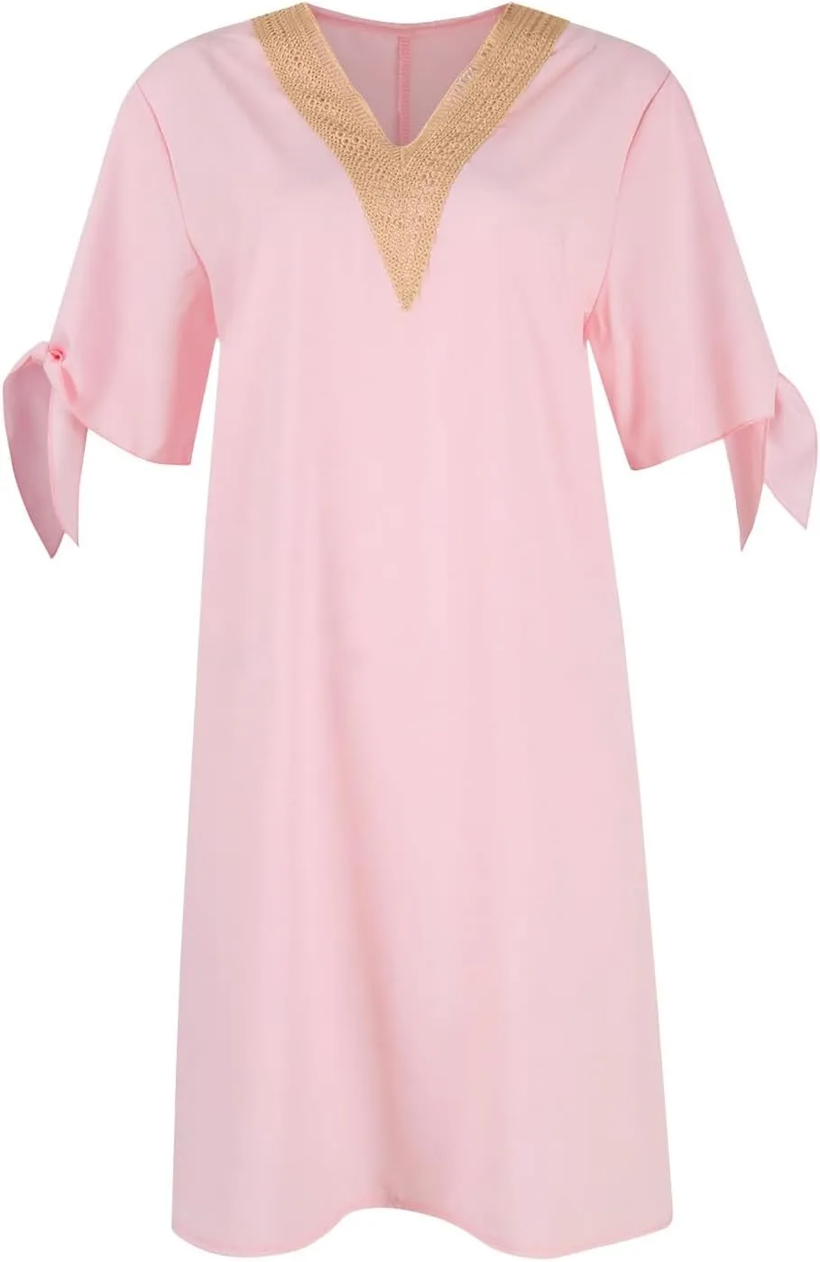 Women Summer Dresses Short Sleeve Flowy Dresses Casual Loose Swing Midi Dress Lace V Neck Comfy Beach Sundress