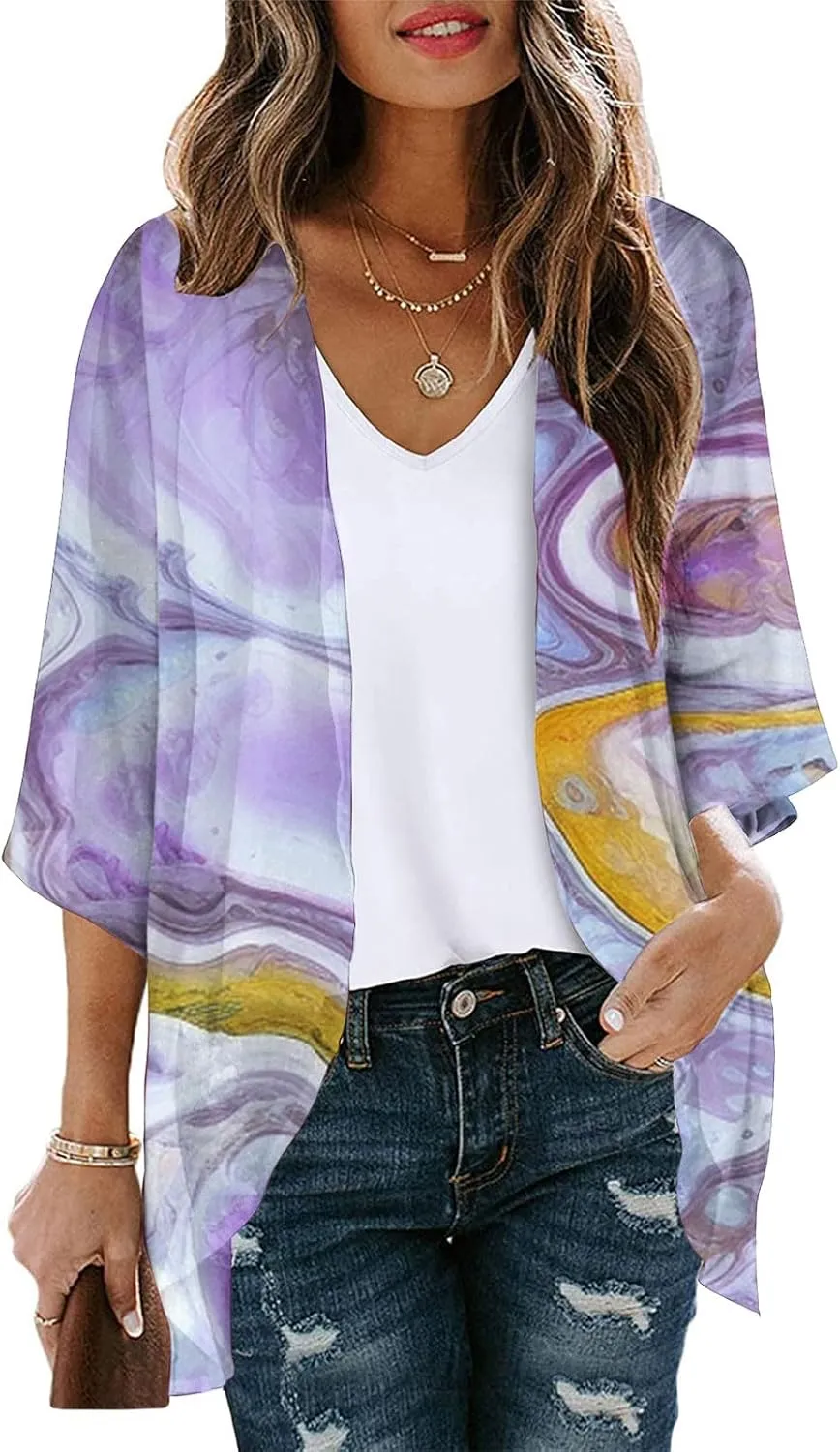 Women Summer Kimono Cardigan Short Sleeve Lightweight Cover Up Open Front Tops for Women Trendy Outfits