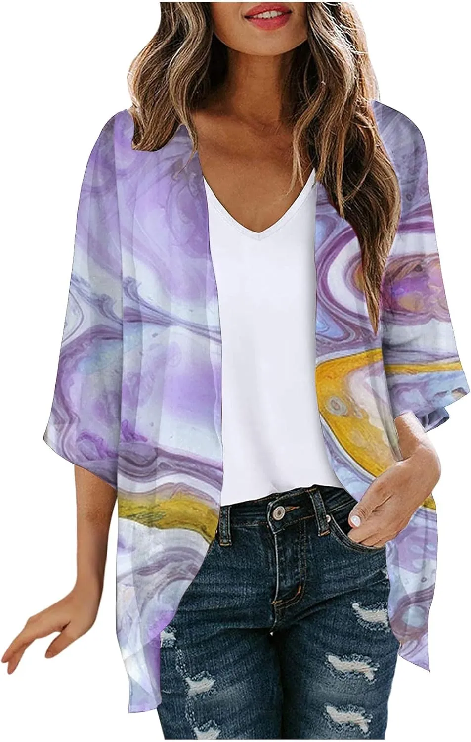 Women Summer Kimono Cardigan Short Sleeve Lightweight Cover Up Open Front Tops for Women Trendy Outfits