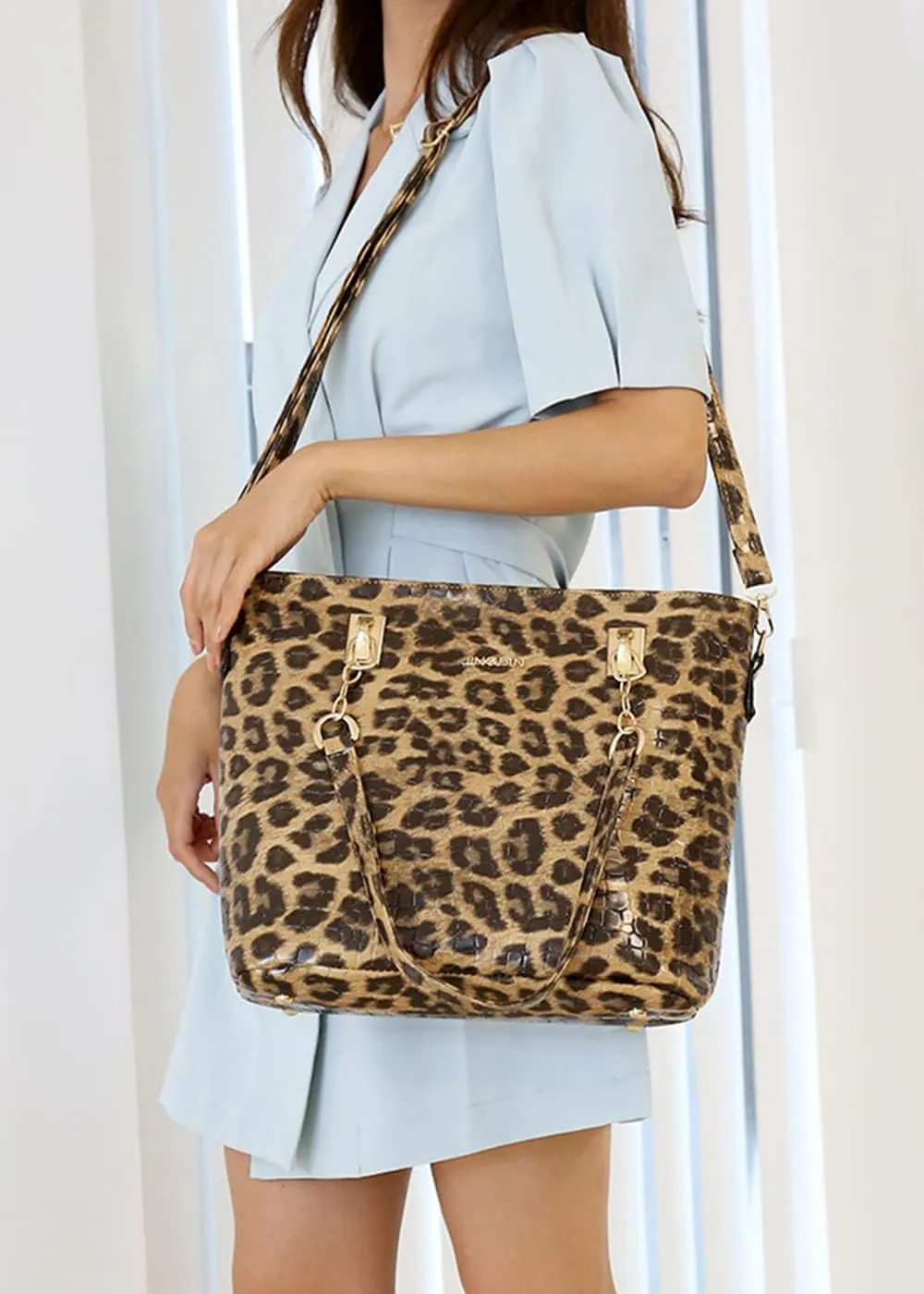 Women Tote Bag Crocodile Pattern Shoulder Bag Handbag Satchel Purse 6psc