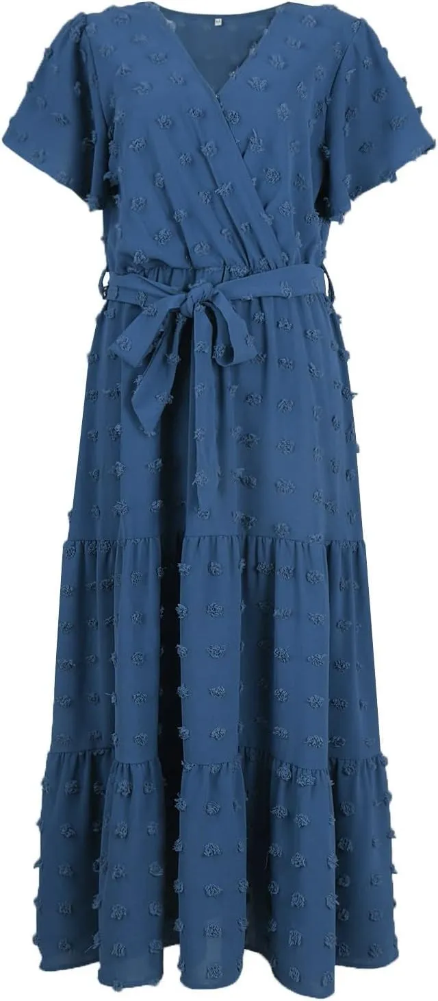 Women V Neck Summer Dress 2025 Long Sleeve Swiss Dot Boho Flowy Ruffle Slit Beach Party Long Maxi Ruffle Dresses