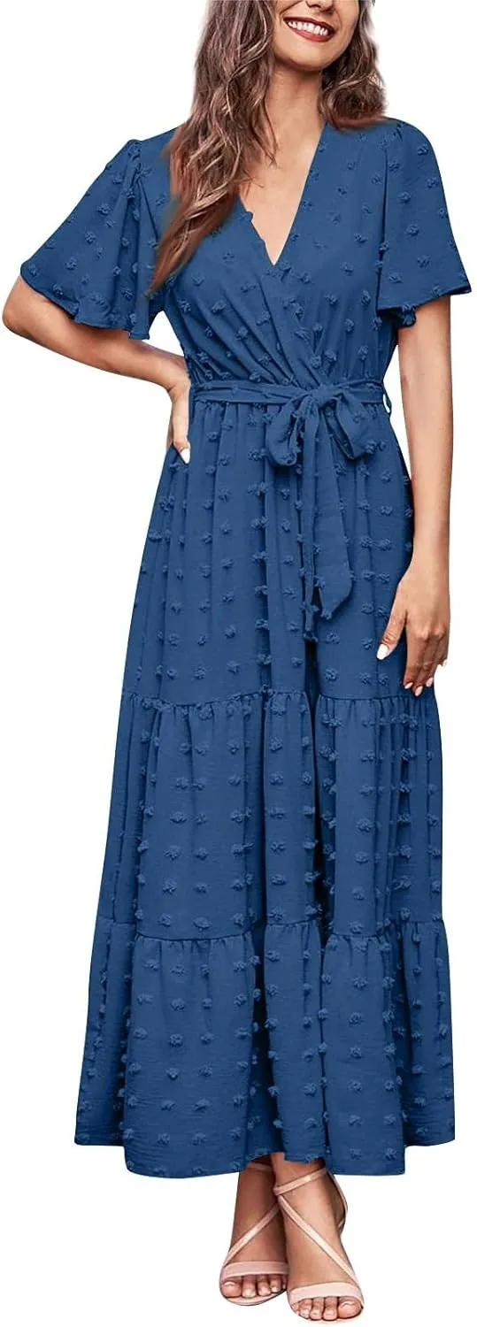 Women V Neck Summer Dress 2025 Long Sleeve Swiss Dot Boho Flowy Ruffle Slit Beach Party Long Maxi Ruffle Dresses