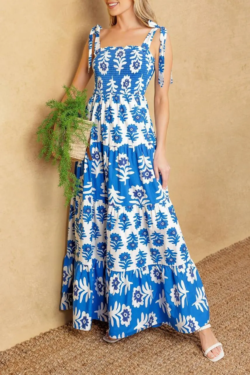 Women Y2k Floral Smocked Maxi Dress Bow Tie Shoulder Tiered Ruffle Midi Sun Dress Boho Casual Beach Long Dresses