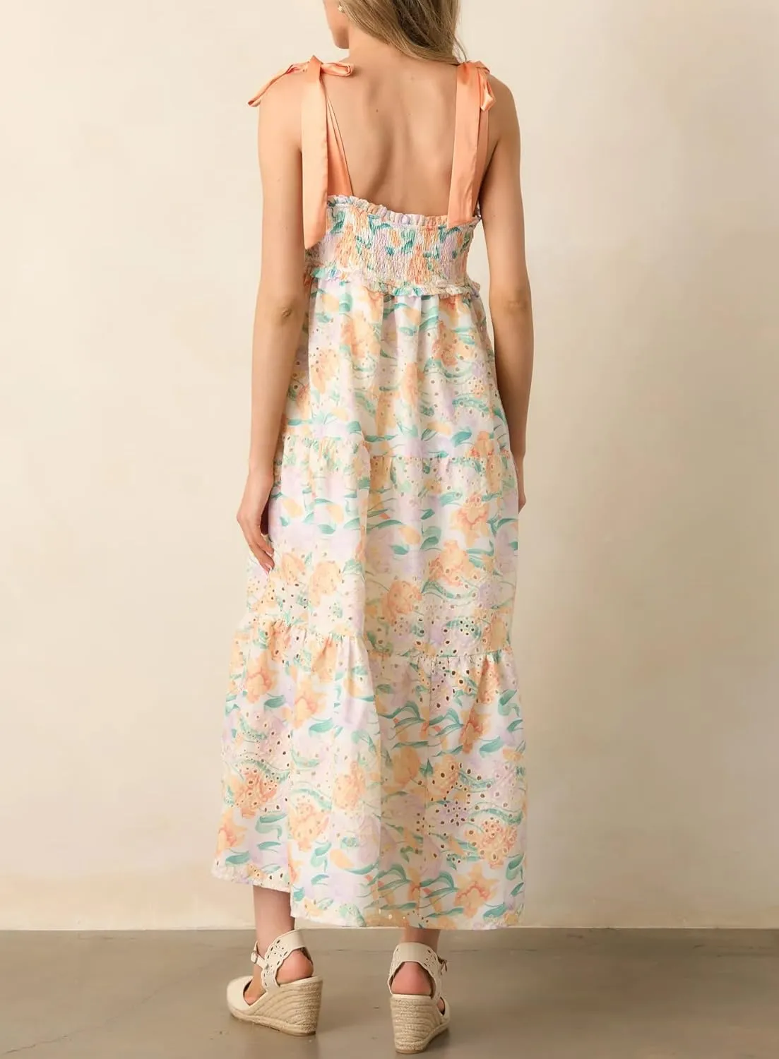 Women Y2k Floral Smocked Maxi Dress Bow Tie Shoulder Tiered Ruffle Midi Sun Dress Boho Casual Beach Long Dresses