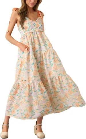Women Y2k Floral Smocked Maxi Dress Bow Tie Shoulder Tiered Ruffle Midi Sun Dress Boho Casual Beach Long Dresses