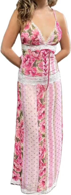 Women Y2k Floral Smocked Maxi Dress Bow Tie Shoulder Tiered Ruffle Midi Sun Dress Boho Casual Beach Long Dresses