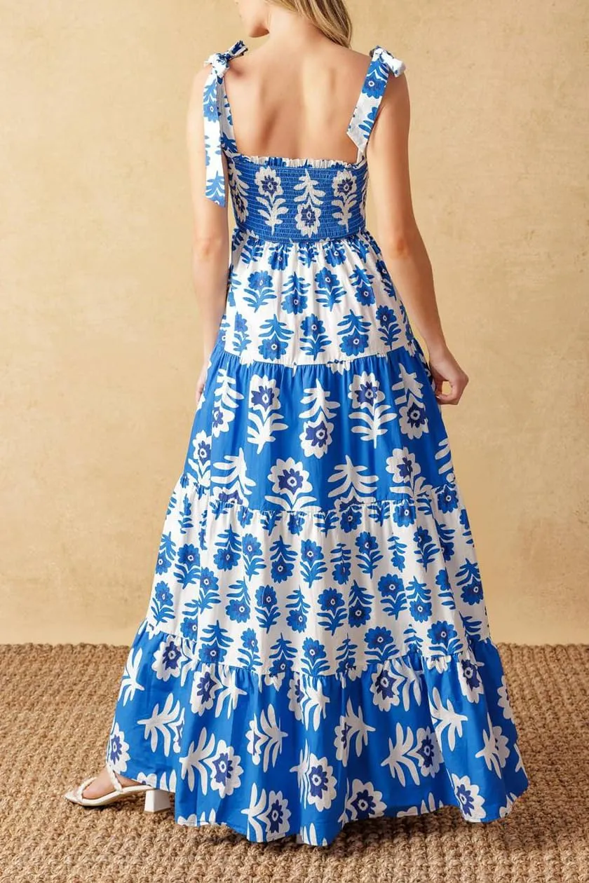 Women Y2k Floral Smocked Maxi Dress Bow Tie Shoulder Tiered Ruffle Midi Sun Dress Boho Casual Beach Long Dresses