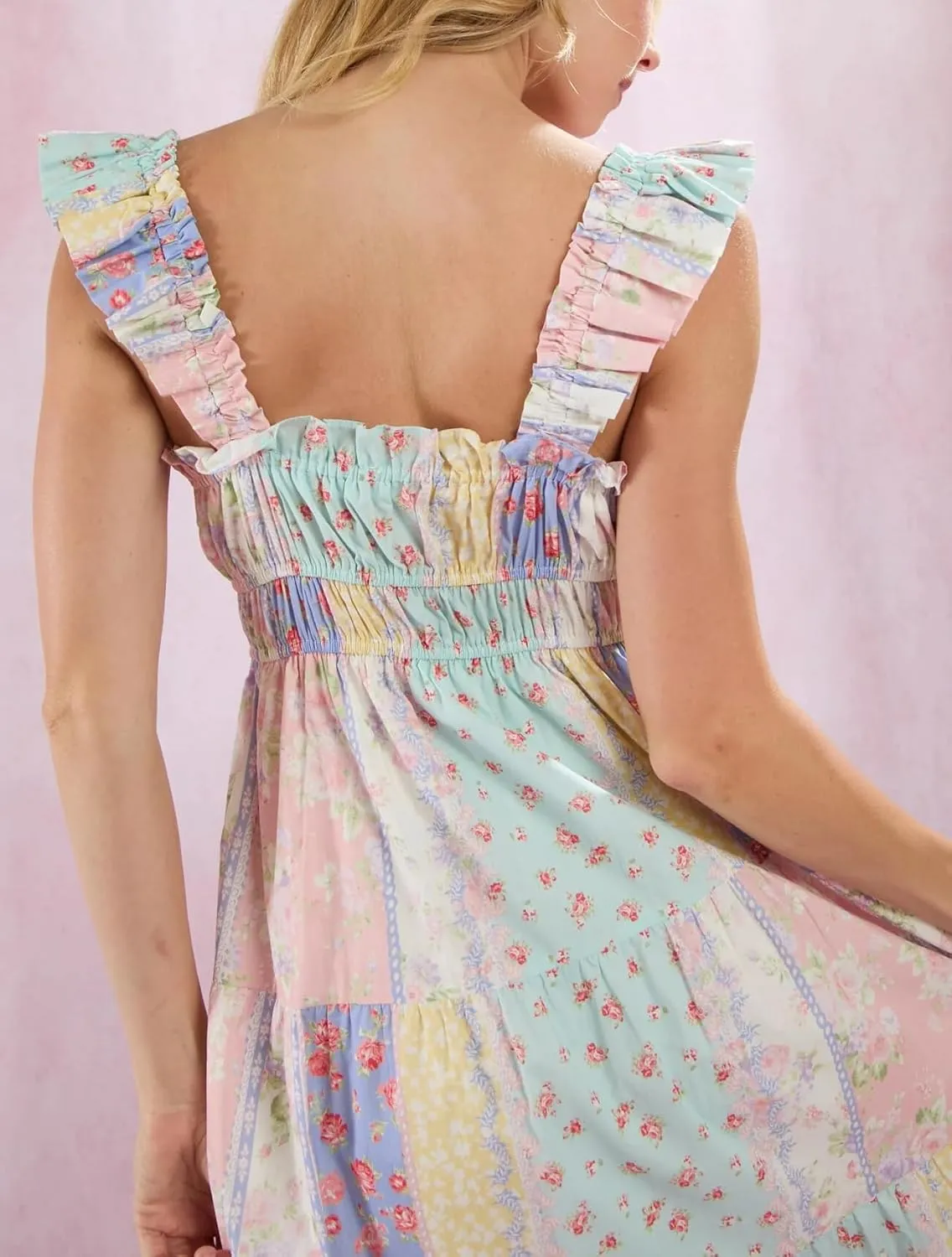 Women Y2k Floral Smocked Maxi Dress Bow Tie Shoulder Tiered Ruffle Midi Sun Dress Boho Casual Beach Long Dresses