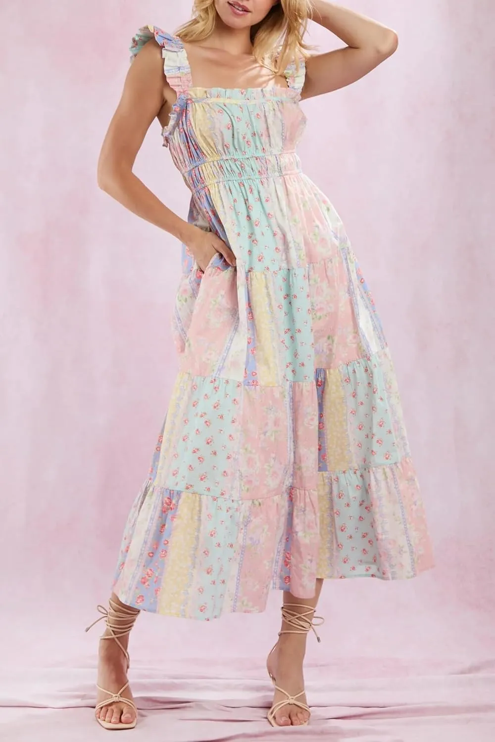 Women Y2k Floral Smocked Maxi Dress Bow Tie Shoulder Tiered Ruffle Midi Sun Dress Boho Casual Beach Long Dresses