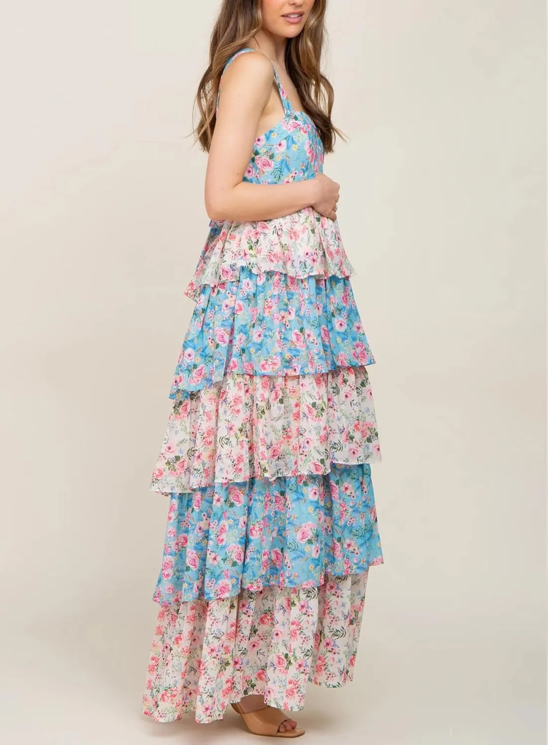 Women Y2k Floral Smocked Maxi Dress Bow Tie Shoulder Tiered Ruffle Midi Sun Dress Boho Casual Beach Long Dresses