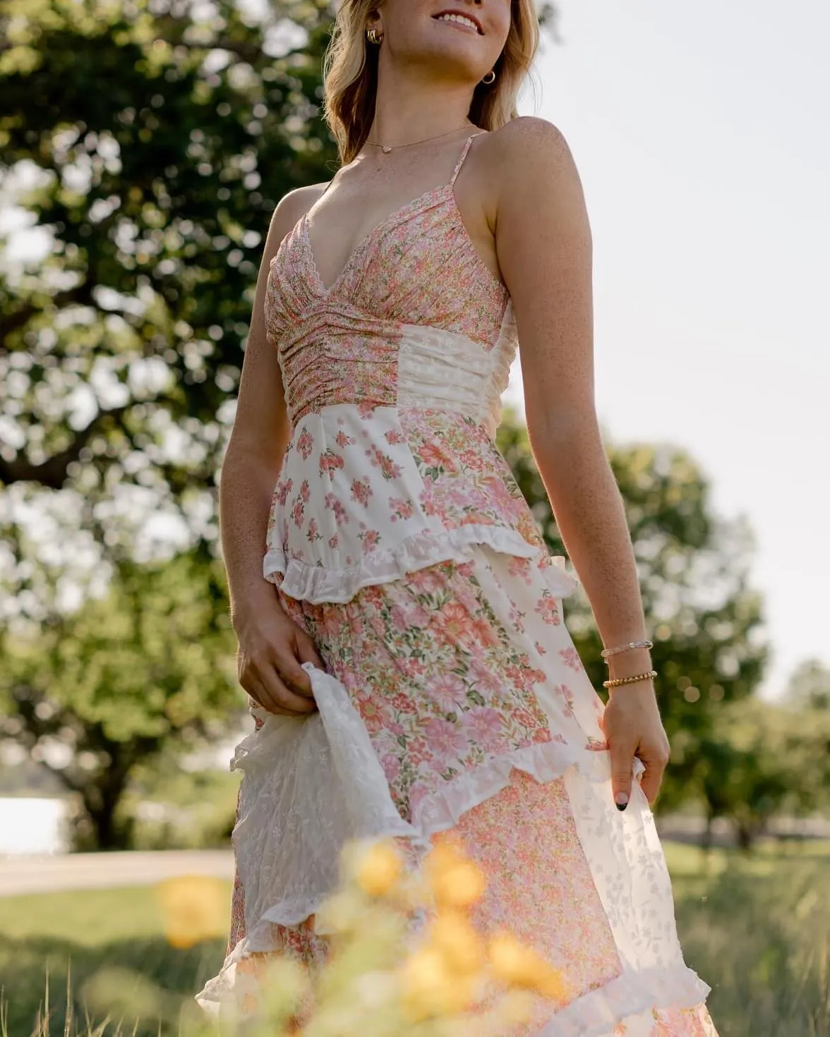 Women Y2k Floral Smocked Maxi Dress Bow Tie Shoulder Tiered Ruffle Midi Sun Dress Boho Casual Beach Long Dresses