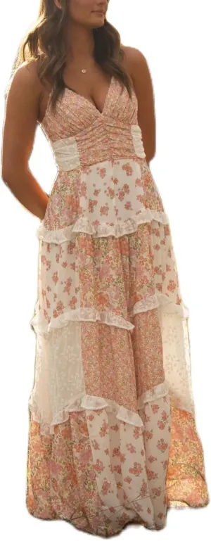 Women Y2k Floral Smocked Maxi Dress Bow Tie Shoulder Tiered Ruffle Midi Sun Dress Boho Casual Beach Long Dresses