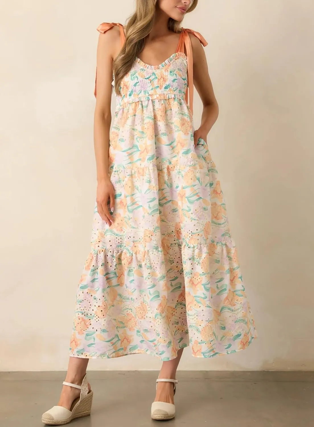 Women Y2k Floral Smocked Maxi Dress Bow Tie Shoulder Tiered Ruffle Midi Sun Dress Boho Casual Beach Long Dresses