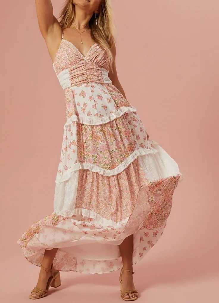 Women Y2k Floral Smocked Maxi Dress Bow Tie Shoulder Tiered Ruffle Midi Sun Dress Boho Casual Beach Long Dresses