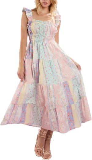 Women Y2k Floral Smocked Maxi Dress Bow Tie Shoulder Tiered Ruffle Midi Sun Dress Boho Casual Beach Long Dresses