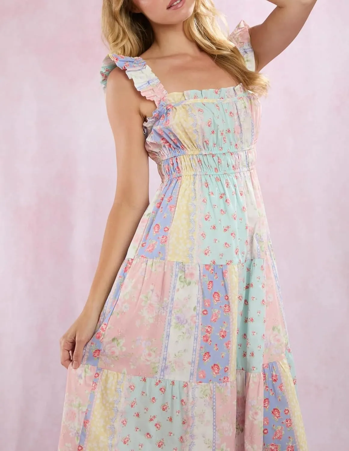 Women Y2k Floral Smocked Maxi Dress Bow Tie Shoulder Tiered Ruffle Midi Sun Dress Boho Casual Beach Long Dresses