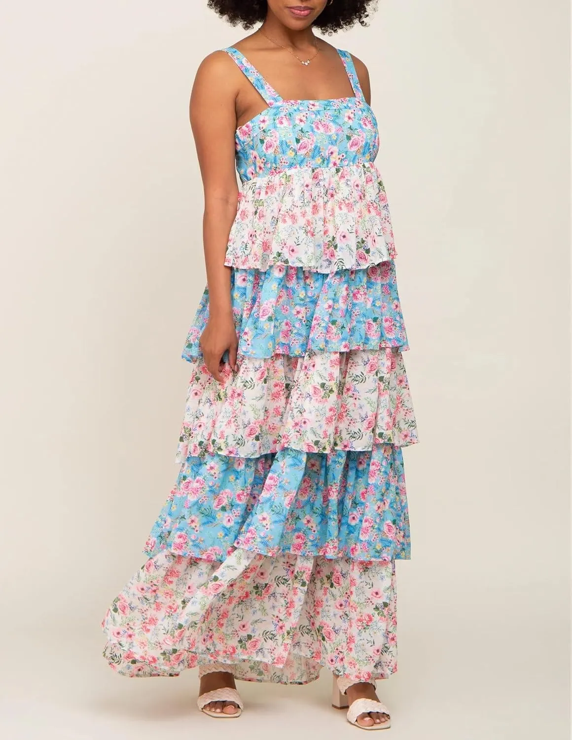 Women Y2k Floral Smocked Maxi Dress Bow Tie Shoulder Tiered Ruffle Midi Sun Dress Boho Casual Beach Long Dresses