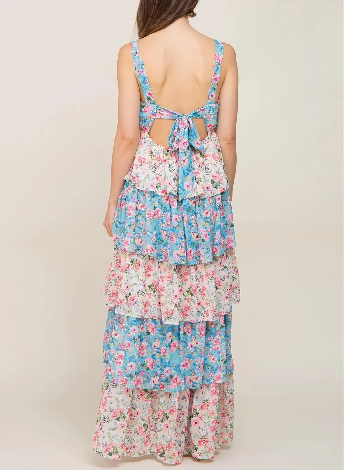 Women Y2k Floral Smocked Maxi Dress Bow Tie Shoulder Tiered Ruffle Midi Sun Dress Boho Casual Beach Long Dresses